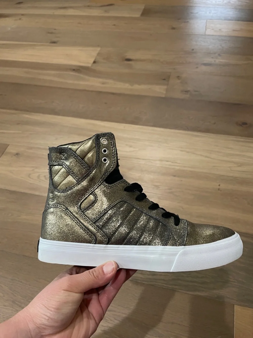Supra Shiny Gold Punk Rock Biker High Top Boots Metallic Leather Lace Size 6